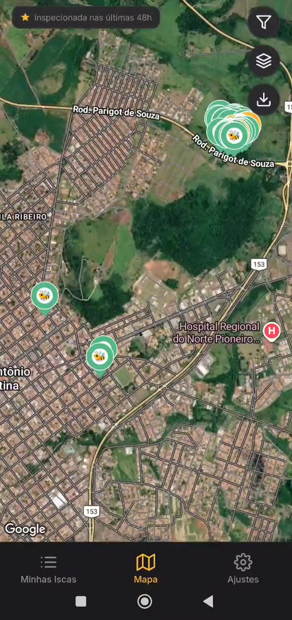 Tela do MeliMapa: mapa com as iscas marcadas por pinos coloridos